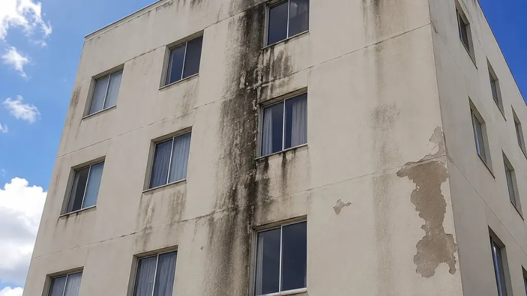 Fachada con humedad y filtración en una superficie vertical